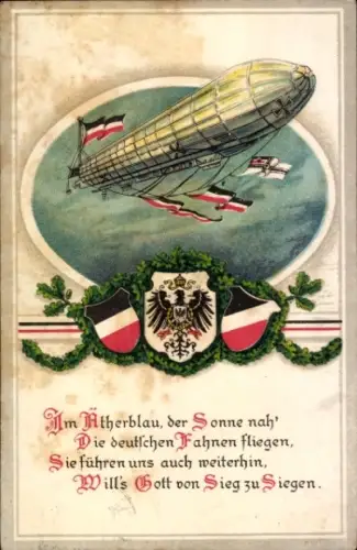 Ak Im Ätherblau, der Sonne nah, die deutschen Fahnen fliegen, Zeppelin Luftschiff, 1. WK