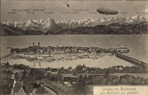 Ak Lindau am Bodensee Schwaben, Gesamtansicht von Aeschach aus, Zeppelin Luftschiff