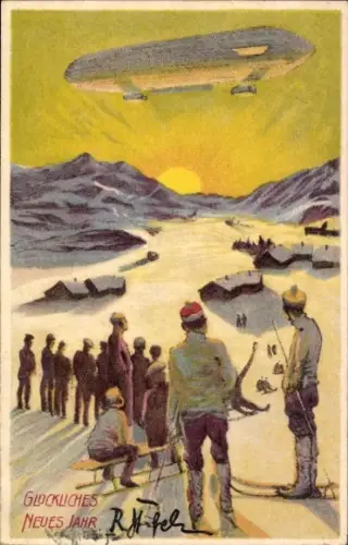 Künstler Ak Fröhliches Neujahr, Skifahrer und Rodler, Zeppelin, Sonnenaufgang