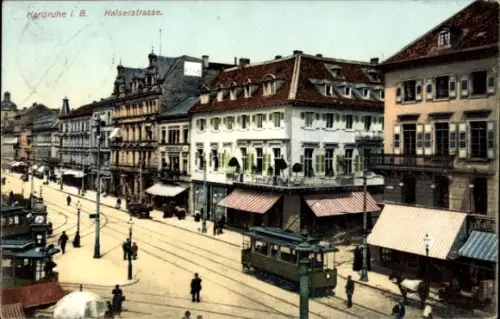 Ak Karlsruhe in Baden, Kaiserstraße, Geschäfte, Straßenbahnen