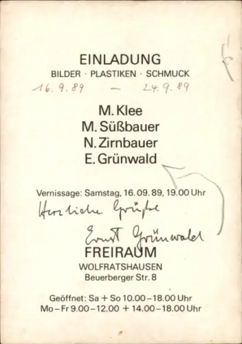 Ak Bildhauer Ernst Grünwald, Einladung, Autogramm