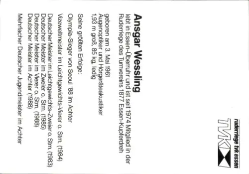 Autogrammkarte Ruderer Ansgar Wessling, Ruderriege des Turnvereins 1877 Essen-Kupferdreh, Autogramm