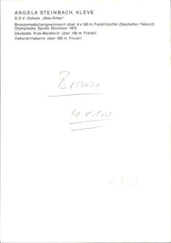 Autogrammkarte Deutsche Schwimmermeisterin Angela Steinbach, Autogramm