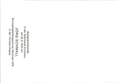 Autogrammkarte Segler Jörg Schmall, in der Tornadoklasse, Portrait, Autogramm