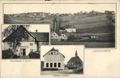 Ak Langscheid Sundern Sauerland, Gastwirtschaft A. Becker, Kapelle, Schule