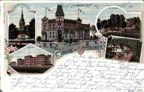 Litho Itzehoe in Holstein, Kaserne, Bahnhofshotel, Kirche