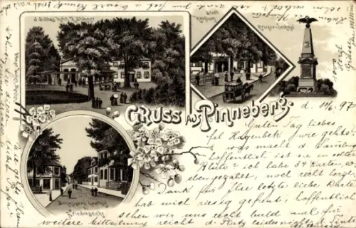 Litho Pinneberg in Holstein, Hotel, Gasthof, Kriegerdenkmal, Straßenpartie