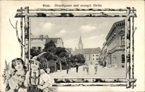 Passepartout Ak Graz Steiermark, Girardigasse und evangelische Kirche