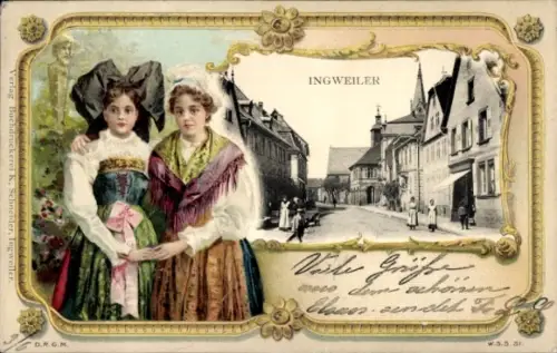 Präge Passepartout Ak Ingwiller Ingweiler Elsass Bas Rhin, Elsässerin in Tracht