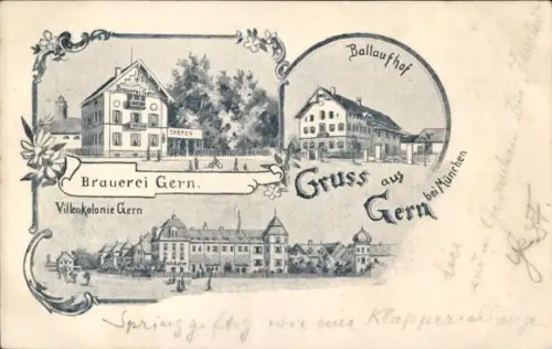 Litho Gern München Bayern, Brauerei, Villenkolonie, Ballaufhof