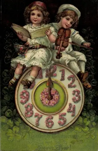 Präge Ak Glückwunsch Neujahr, Kinder, Geige, Uhr
