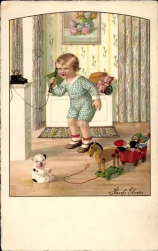 Künstler Ak Ebner, Pauli, Kind am Telefon, Spielzeuge