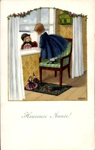 Künstler Ak Ebner, Pauli, Glückwunsch Neujahr, Junge mit Blumenstrauß am Fenster, Mädchen, Puppen