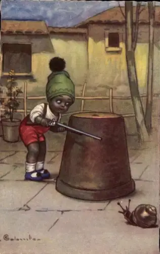 Künstler Ak Colombo, E., Kind mit Gewehr, Schnecke