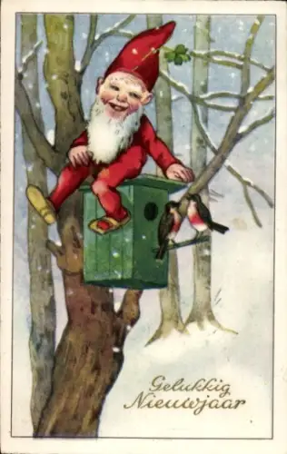 Ak Glückwunsch Neujahr, Zwerg, Vogelhäuschen