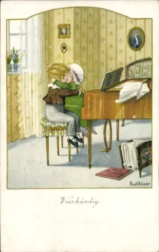 Künstler Ak Ebner, Pauli, Vierhändig, küssendes Paar am Klavier