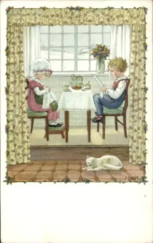 Künstler Ak Ebner, Pauli, Wo Liebe da Friede, Kinder lesen Zeitung und stricken zu Tisch, Katze