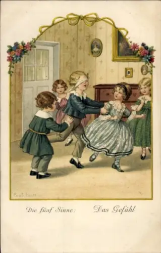 Künstler Litho Ebner, Pauli, Die fünf Sinne, Das Gefühl, Kinder, Blinde Kuh Spiel