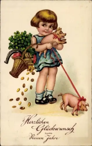 Ak Glückwunsch Neujahr, Kind, Schweine, Münzen, Glücksklee, Hufeisen