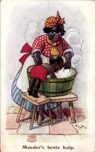 Künstler Ak Lewin, Frau wäscht Wäsche, Kind