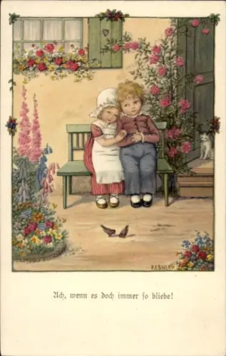 Künstler Ak Ebner, P., Kinder kuscheln im Garten, Liebespaar, Blumengarten, Vögel