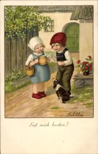 Künstler Ak Ebner, Pauli, Junge und Mädchen, Hund, Korb