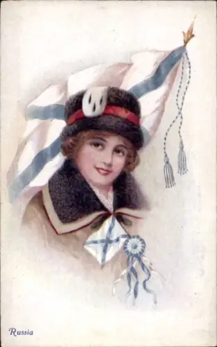 Ak Russland, Portrait einer Frau, Flagge der russischen Marine
