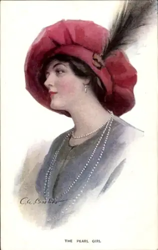 Künstler Ak Gemaltes Porträt einer Frau, Hut mit Federn