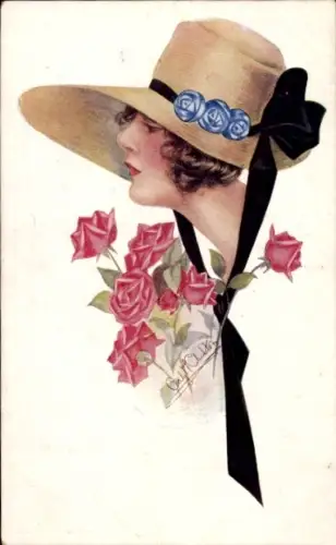 Künstler Ak Gemaltes Porträt einer Frau, Rosen, Hut