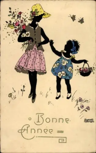 Scherenschnitt Künstler Ak Petersen, H., Glückwunsch Neujahr, Kinder, Blumen