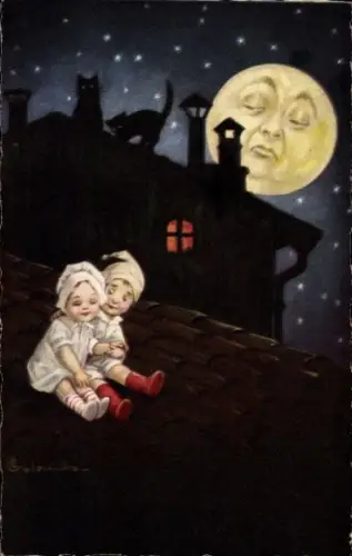 Künstler Ak Colombo, Liebespaar auf dem Dach, Mond