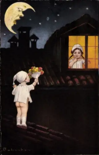 Künstler Ak Colombo, E. Liebespaar, Blumenstrauß, Mondgesicht