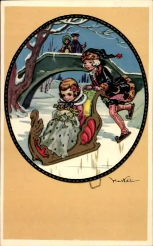 Künstler Ak Kinder beim Eislaufen, Schlitten