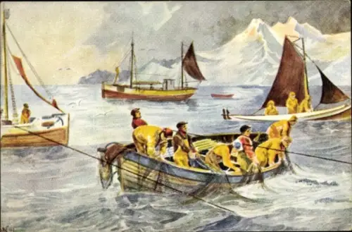 Künstler Ak Fischer in Ruderbooten, Fischfang