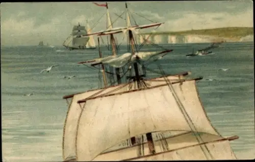 Litho Segelschiffe, Möwen