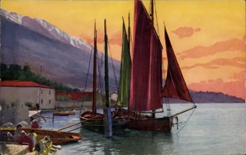 Künstler Ak Seepanorama, Segelboot mit bunten Segeln