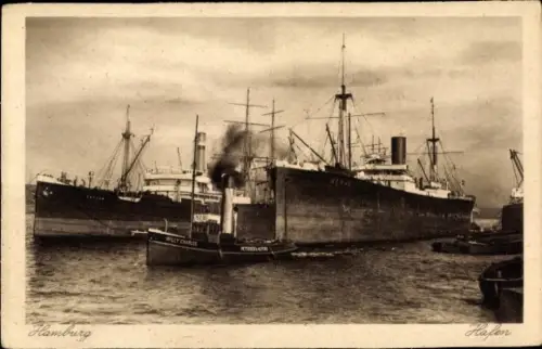Ak Hamburg, Ansicht vom Hafen, Dampfschiffe, Schleppschiff