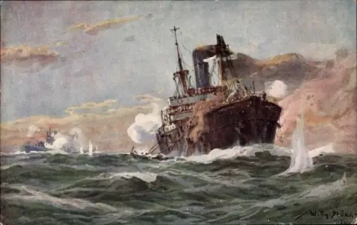 Künstler Ak Stöwer, Willy, Deutsches U Boot im Gefecht mit einem Handelsdampfer im Sperrgebiet
