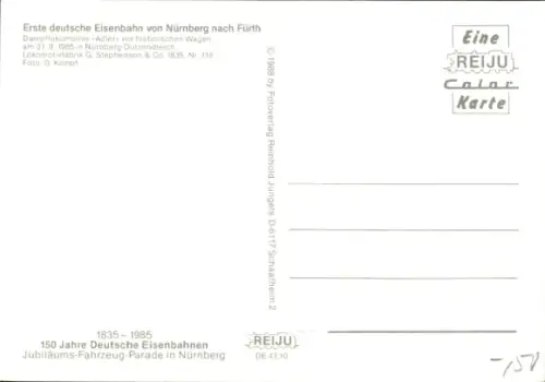 Ak Erste deutsche Eisenbahn von Nürnberg nach Fürth, Dampflokomotive Adler
