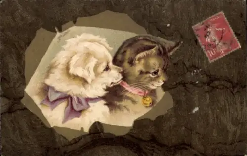 Künstler Ak Katze, Hund, Tierportrait