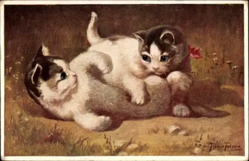 Künstler Ak Zwei Katzen beim Spielen, Tierportrait