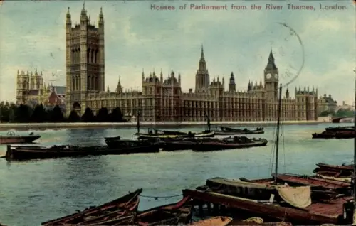 Ak Westminster London City, Houses of Parliament, Fluss Thames, Boote im Vordergrund