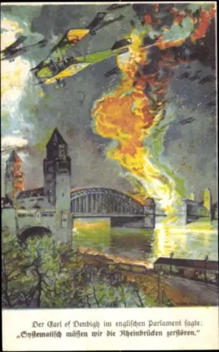 Ak Earl of Denbigh im englischen Parlament, Zerstörung der Rheinbrücken, Militärflugzeuge