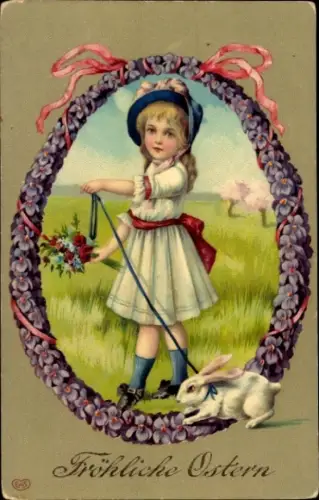 Passepartout Litho Glückwunsch Ostern, Mädchen, Osterhase