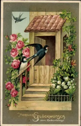 Präge Ak Glückwunsch Geburtstag, Blumen, Schwalben