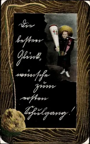 Ak Glückwunsch Schulanfang, Junge mit Zuckertüte