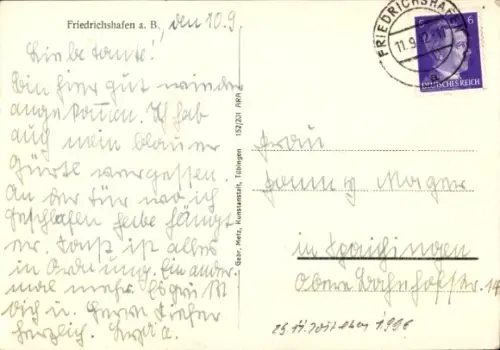 Ak Friedrichshafen am Bodensee, Schwarz-Weiß-Zeichnung, See mit Segelboot, Bäume, Zaun, Vögel