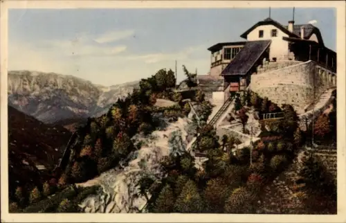 Ak Bozen Bolzano Südtirol, Berglandschaft, Seilbahn, Gebäude, Bäume, keine Personen