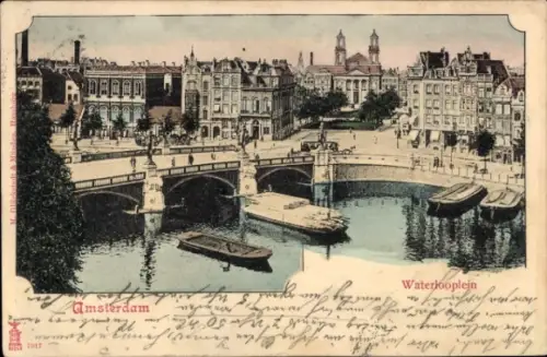 Ak Amsterdam Nordholland Niederlande,  Wasser, Brücke, Gebäude, Schiffe, Wasserlooplein