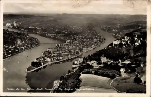 Ak Passau in Niederbayern, Luftaufnahme von  drei Flüsse, Donau, Inn, Ilz, Original-Fliegeraufnah